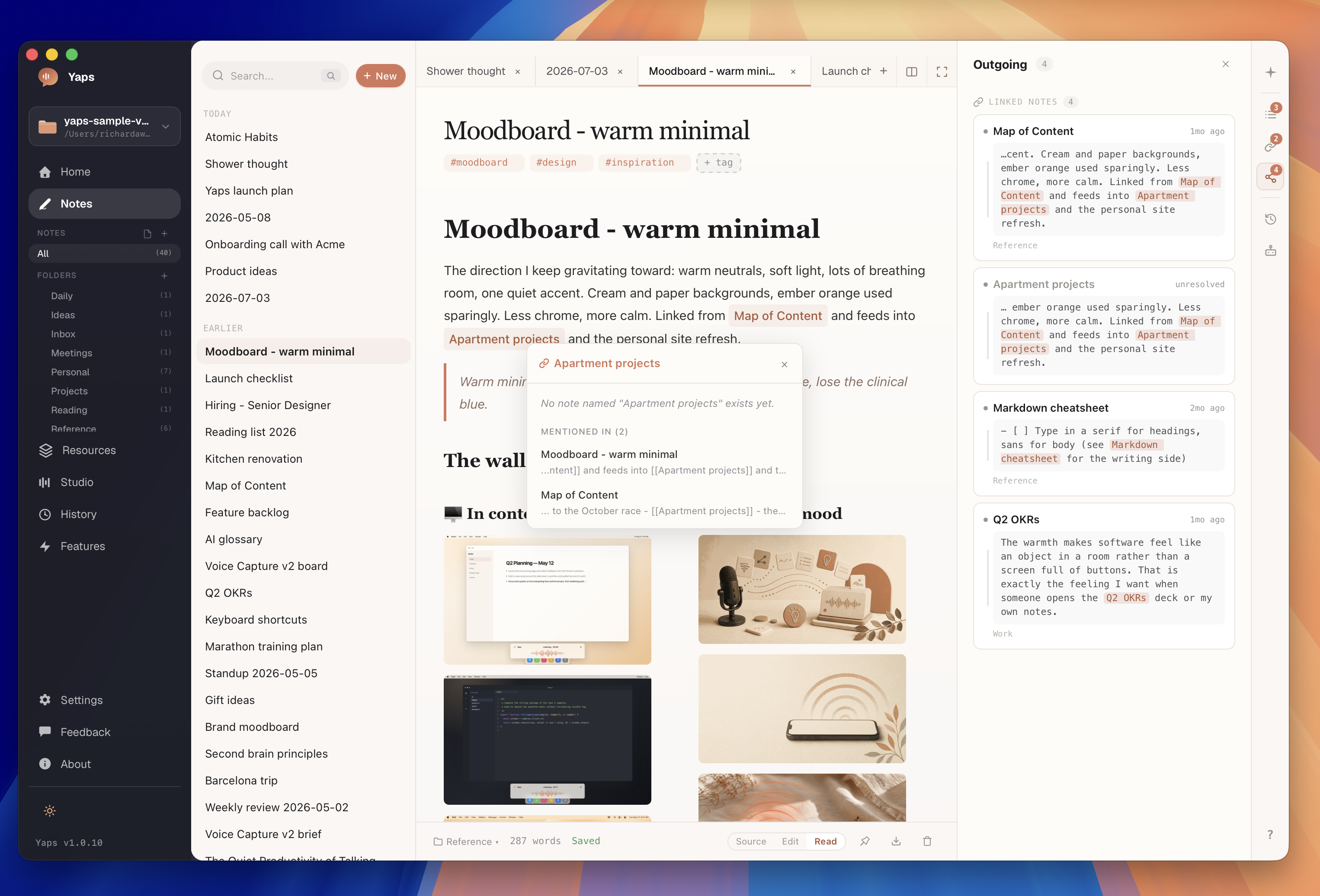 A Yaps note with a backlinks panel showing linked notes and a wiki-style link on hover