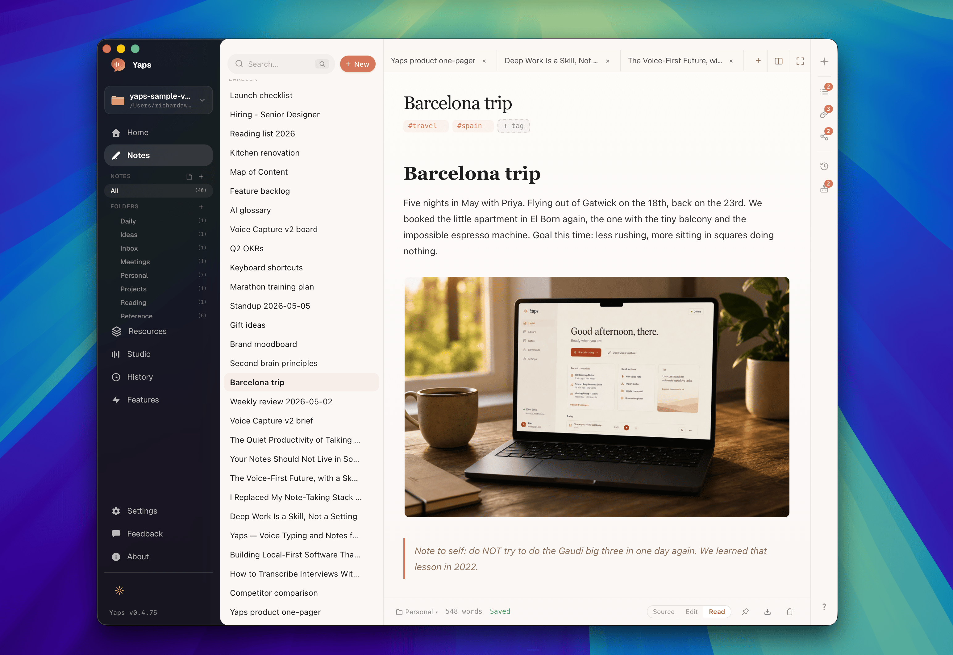 The Yaps vault: a folder sidebar and an open note with an embedded image and tags