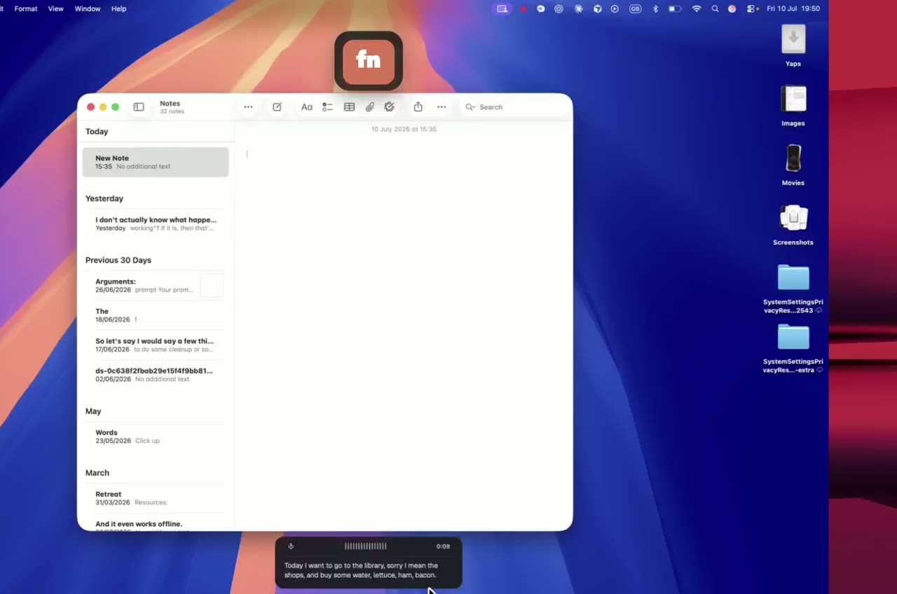 Yaps dictating clean text into a desktop app
