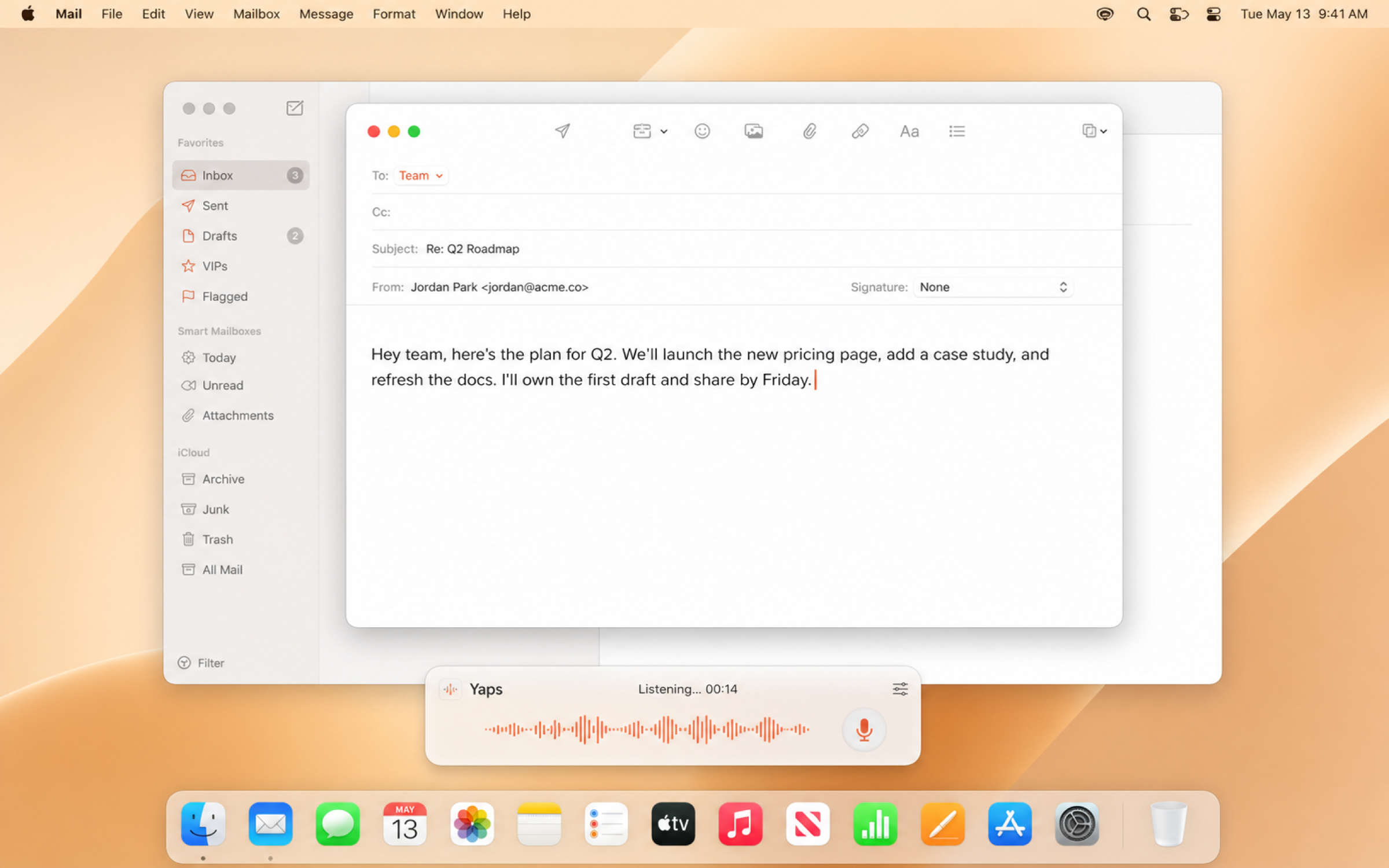 Yaps dictating into the macOS Mail app