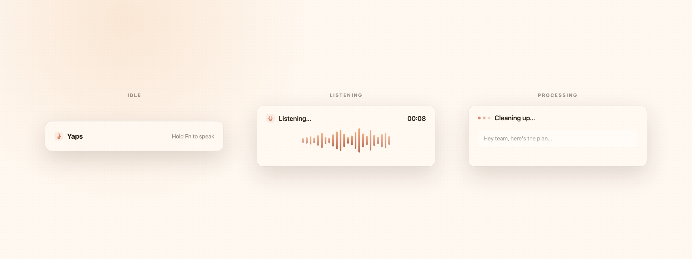 Three states of the Yaps recording widget — idle, listening, and processing