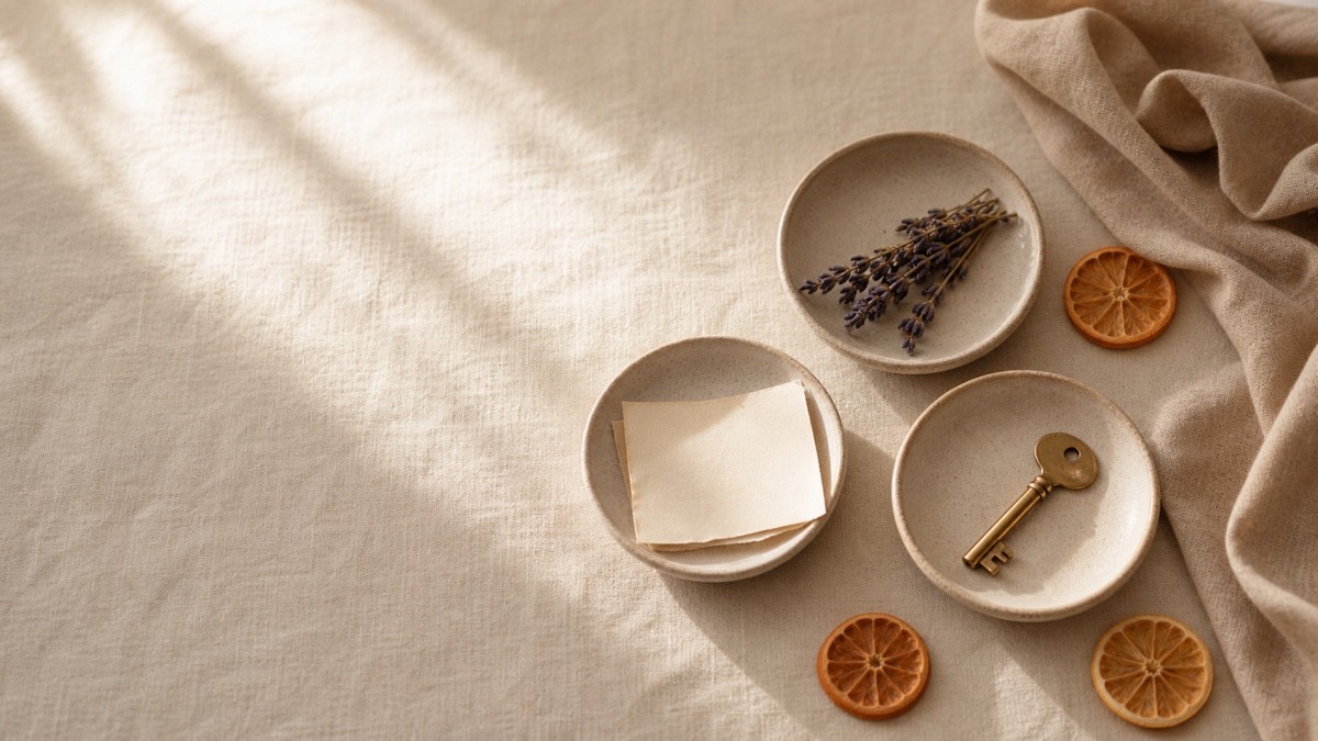 Three small ceramic dishes on cream linen holding objects that represent voice, vault, and agent access