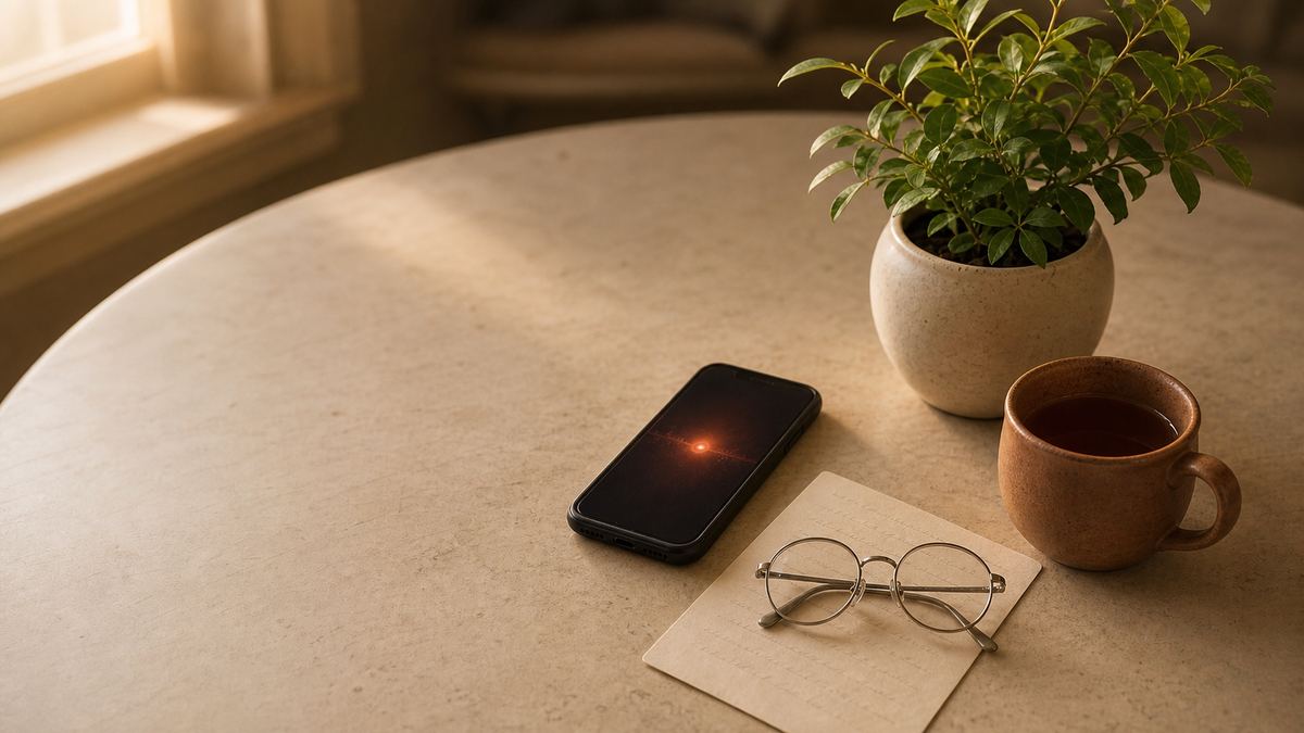 A cream kitchen table in afternoon light with a pair of reading glasses folded on a handwritten letter, a terracotta mug of tea, a small potted plant, and a phone lying face up beside them with a soft ember glow across its screen