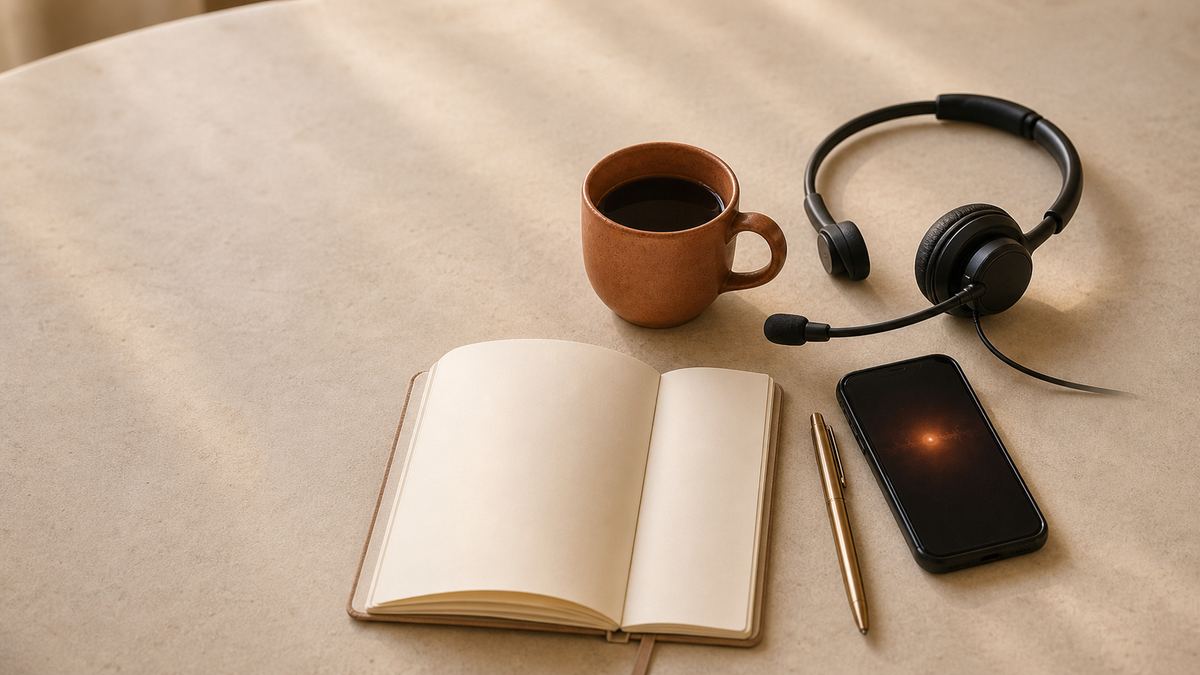 A warm cream and terracotta desk still life photographed from above: a padded headset resting beside an open notebook, a cooling cup of coffee, a pen, and a phone lying face up with a soft ember glow on its screen, suggesting a support wrap up spoken aloud in the quiet moment after a call ends.