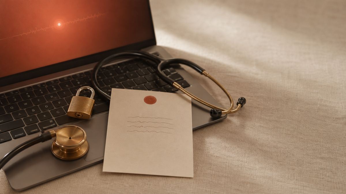 A clinician's desk from above: a laptop with a soft ember glow beside a handwritten patient note, a stethoscope, and a small brass padlock, suggesting notes that stay on the device.