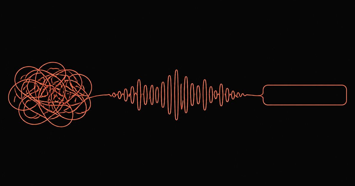 A single ember line on near-black that begins as a tangled knot on the left and resolves into a clean waveform ending in a text field outline