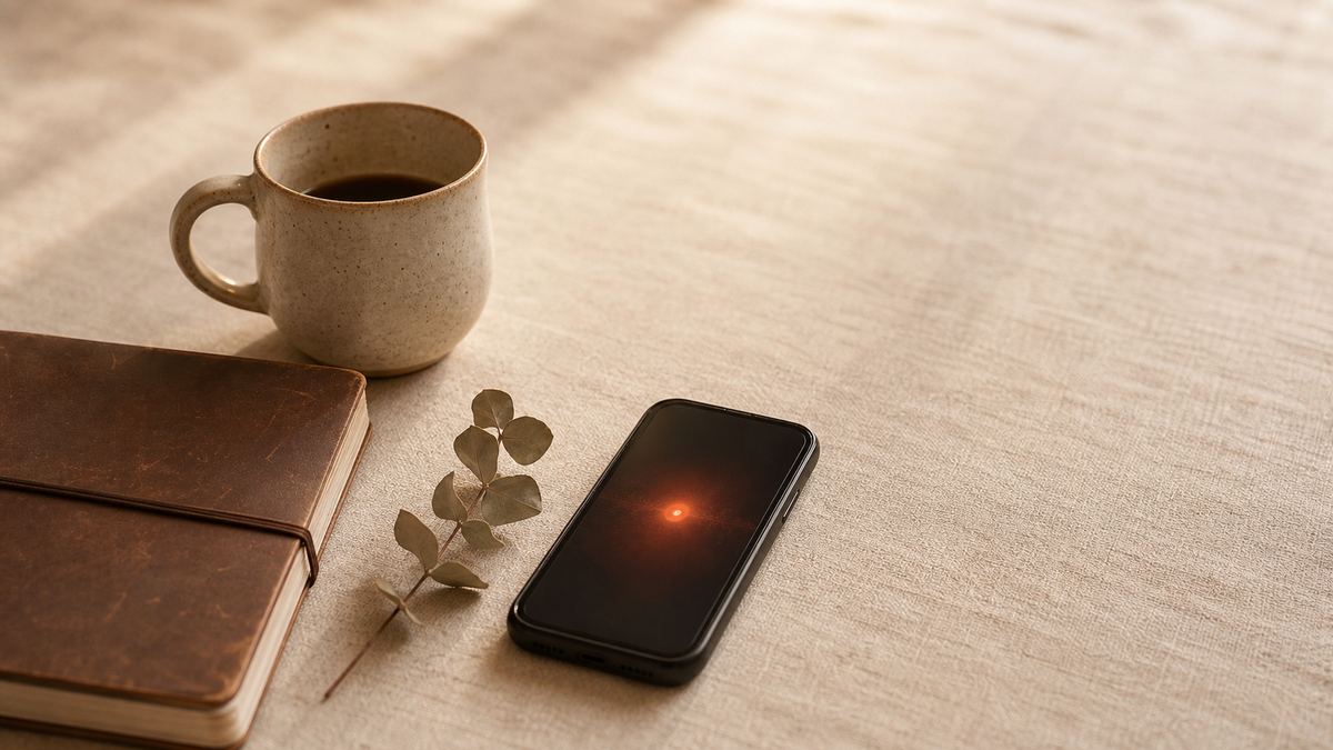 A warm cream desk still-life with a closed leather notebook, a cooling cup of coffee beside a used ceramic mug, a single dried eucalyptus sprig, and a phone lying face up with a soft ember glow across its screen.