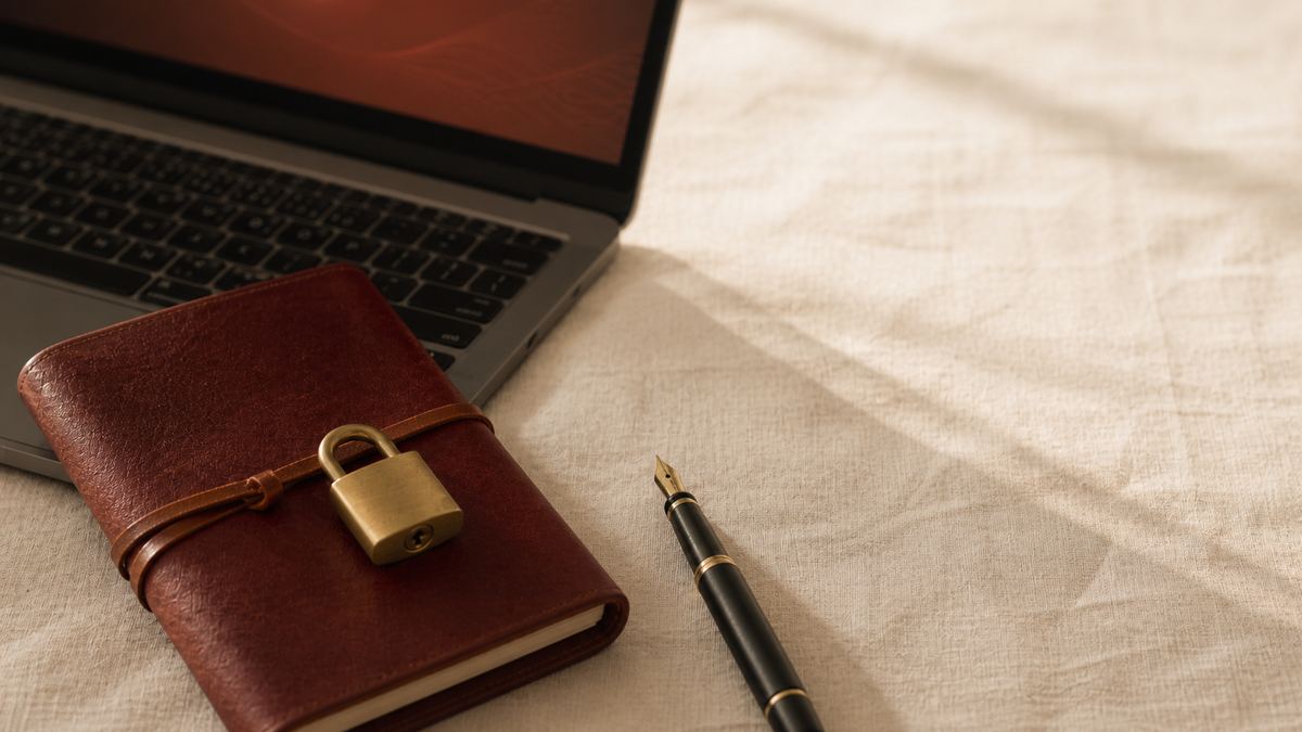 A lawyer's desk still-life: a closed leather journal with a small brass padlock resting on top, beside a laptop glowing softly with warm ember light and a fountain pen, suggesting confidential notes kept on the device.