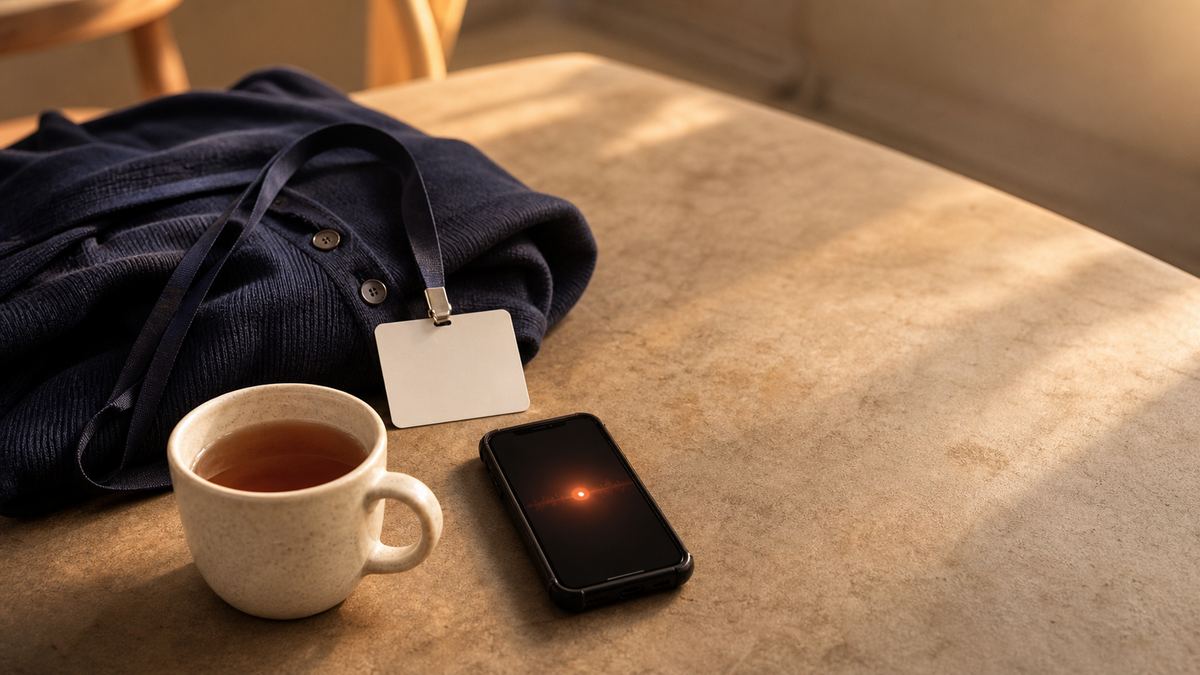 A warm still-life on a hospital break-room table: a folded navy cardigan, a lanyard with a blank badge, a cream mug of tea going cold, and a phone lying face up with a soft ember glow on its screen, lit in terracotta afternoon light.