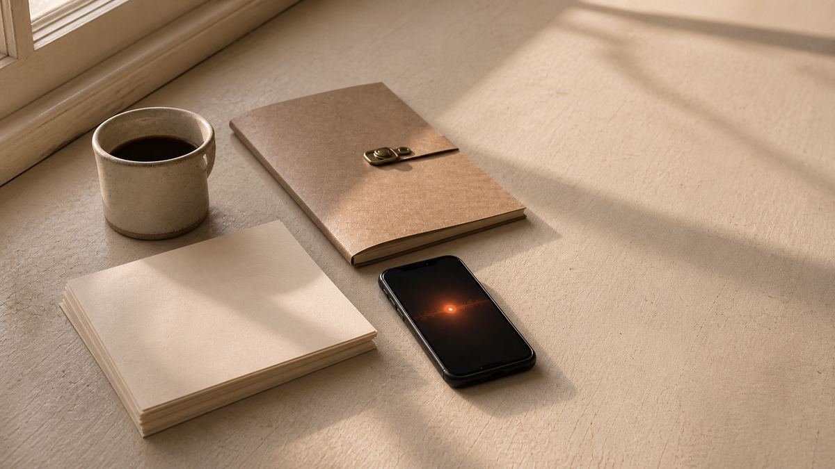 A warm cream desk still-life with a stack of plain printed pages face down beside a closed brass-clasped folder, a cooling cup of coffee, and a phone lying face up with a soft ember glow on its screen.