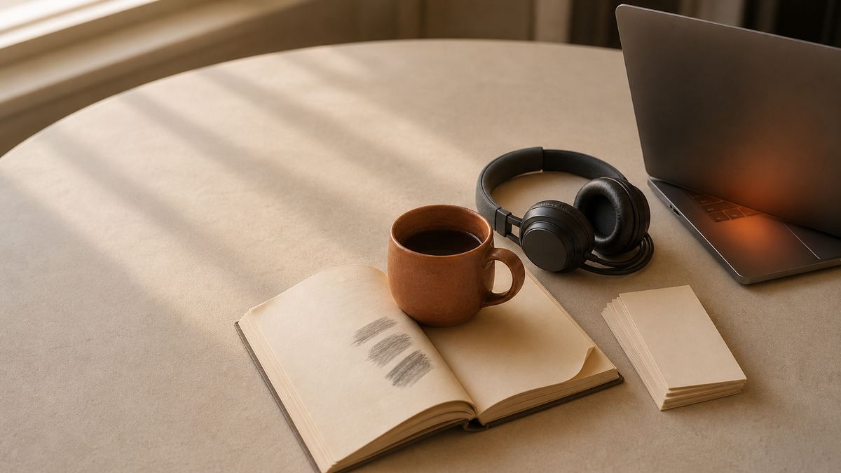 A warm cream desk in late afternoon light with a dog eared Spanish paperback held open by a terracotta mug, a small stack of handwritten vocabulary cards, a coiled pair of headphones, and a laptop turned slightly away with a soft ember glow spilling across its keys