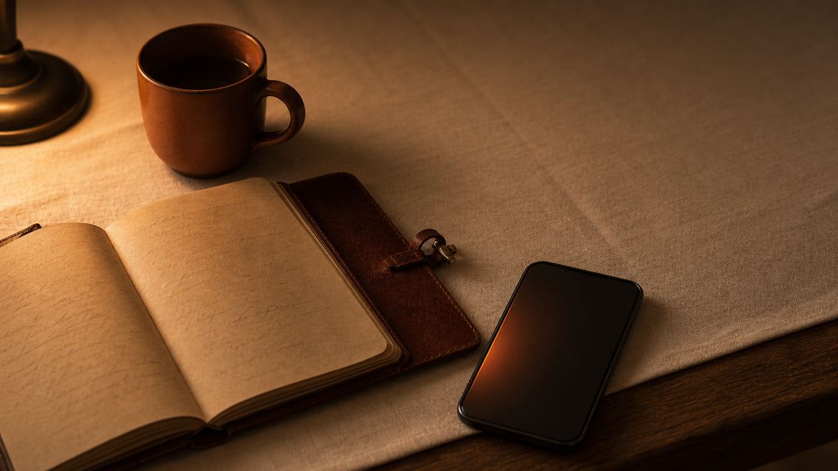 A warm cream desk at dusk with a worn leather notebook lying open, a terracotta mug beside it, and a phone face up on the wood with a soft ember glow along its edge
