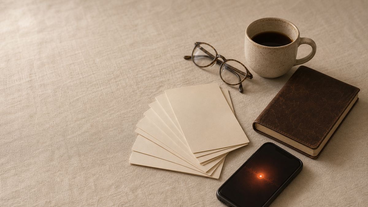 A warm cream desk still-life with a fan of handwritten index cards beside a worn notebook, a cooling cup of coffee, a pair of reading glasses, and a phone lying face up with a soft ember glow on its screen.