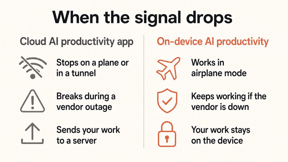 A comparison diagram of a cloud-dependent AI productivity app versus an on-device one, showing which keeps working offline and which sends your work to a server.