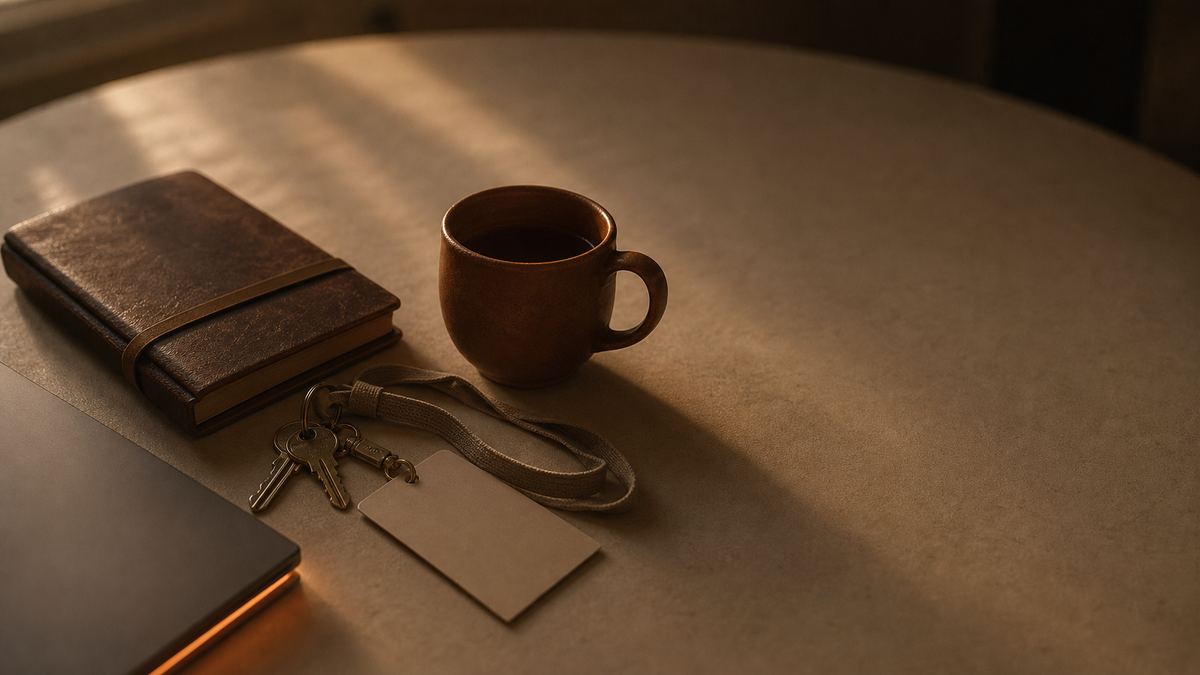 A warm cream desk in low evening light with a leather notebook closed beside a terracotta mug, a pair of keys and a lanyard tossed down, and a laptop lit by a soft ember glow at the edge of the frame