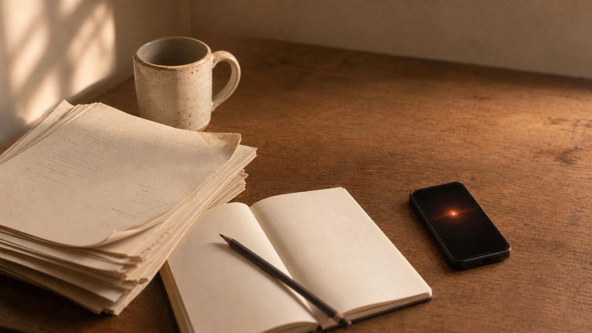 A postgraduate desk still-life in warm cream and terracotta light: a stack of annotated journal articles with folded corners, a chipped ceramic mug, a pencil resting on an open notebook, and a phone beside them glowing with a soft ember light.