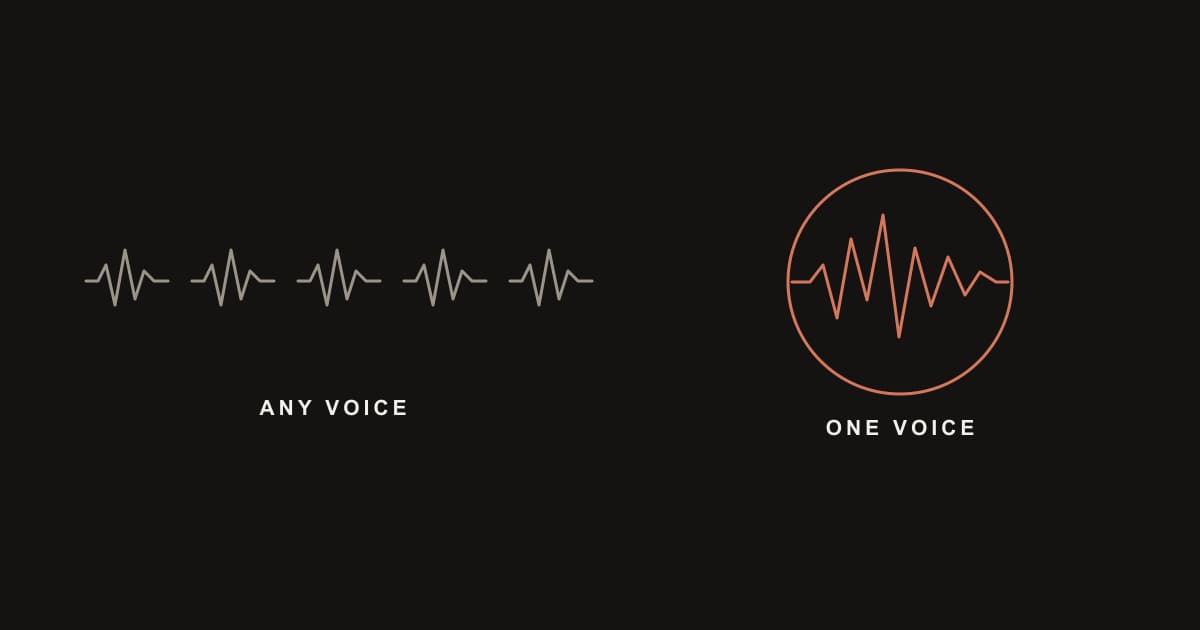 Two waveforms side by side on a dark background, one generic and even, one shaped like a fingerprint, representing a generated voice next to a cloned voice