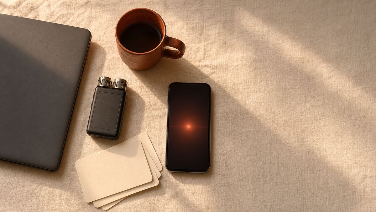 A warm cream desk from above with a small handheld voice recorder, a laptop closed beside it, a stack of index cards, a terracotta mug, and a phone glowing with soft ember light.
