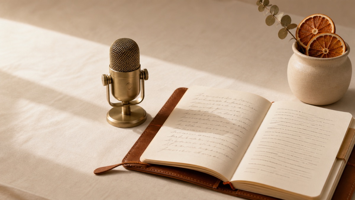 A small brass microphone next to an open leather notebook showing handwritten lines transitioning into typed lines, on a cream linen surface — evoking voice captured and turned into text on the device
