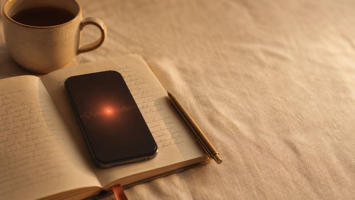 A phone glowing softly with warm ember light resting on an open handwritten journal beside a pen and a warm mug in evening light, suggesting a spoken diary kept on the device
