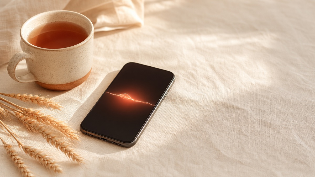 An Android phone resting on cream linen with a soft terracotta glow on the screen suggesting voice input, surrounded by a ceramic mug and dried wheat