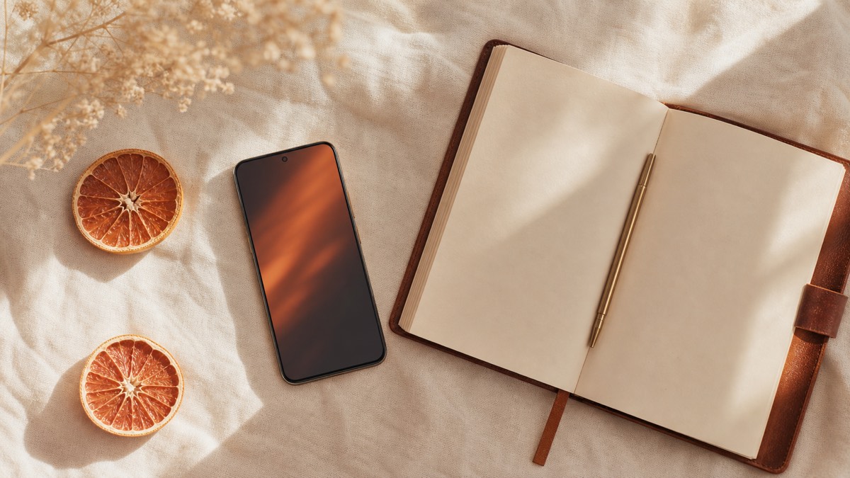 A warm flat-lay on cream linen showing a phone beside a leather journal, a brass pen, and pressed citrus, with a faint terracotta light on the screen