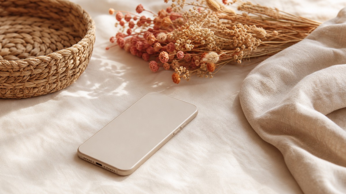 A quiet editorial still-life on cream linen: a phone face-down beside a woven basket, dried flowers, and a folded linen cloth, lit by soft morning light, suggesting words kept private