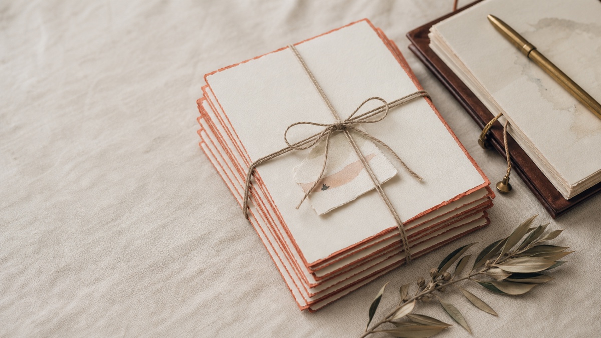 A stack of dated letters bound in linen twine, beside a small leather-bound journal and a brass pen, on a cream surface — visual metaphor for Git-versioned vault history.