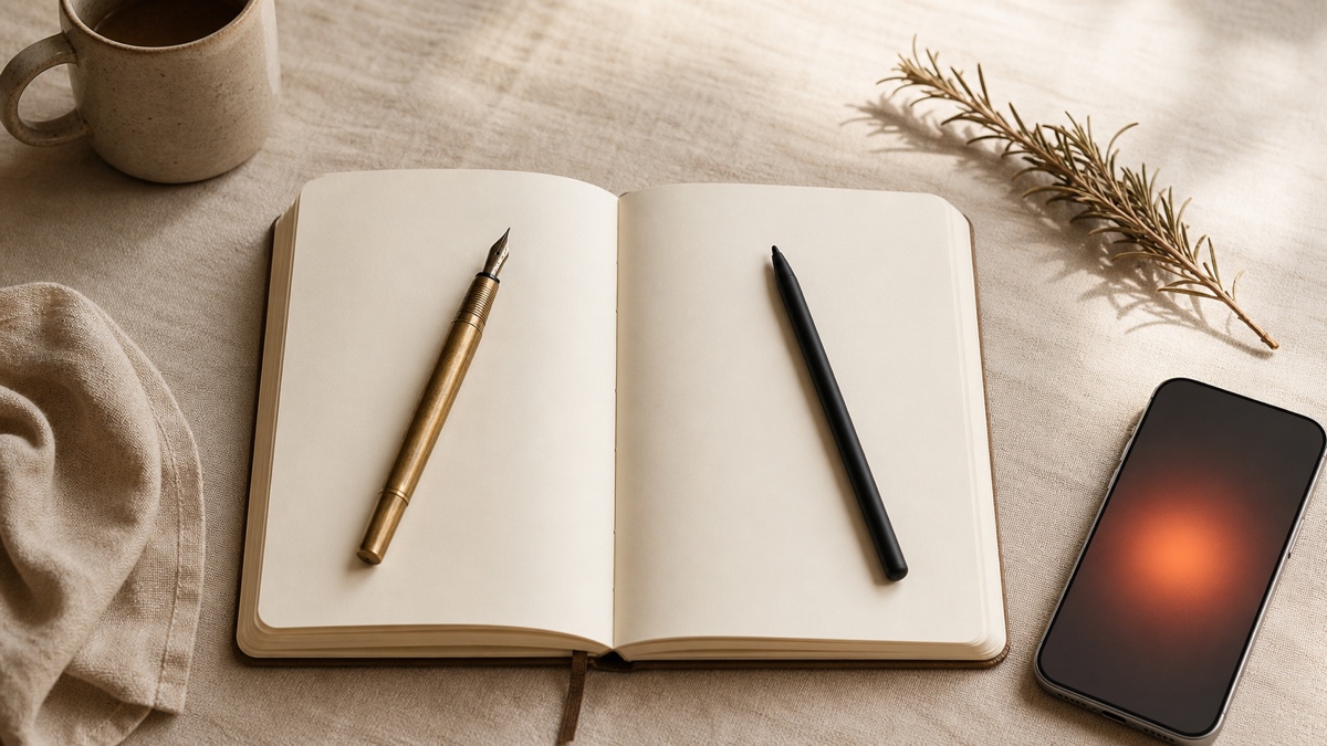 Open notebook with two pens — one black ink fountain pen, one slimmer modern stylus — resting on facing pages, a phone glowing ember beside them on a cream linen surface, suggesting human and agent writing into the same vault.