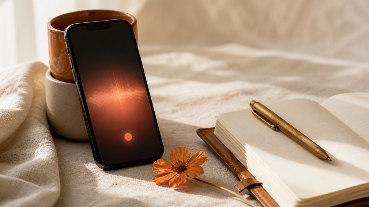 Editorial still life of a phone resting on warm cream linen with a soft terracotta glow rising from the screen, beside a leather notebook, a brass pen, and a ceramic mug — the bridge between voice capture and a written notepad