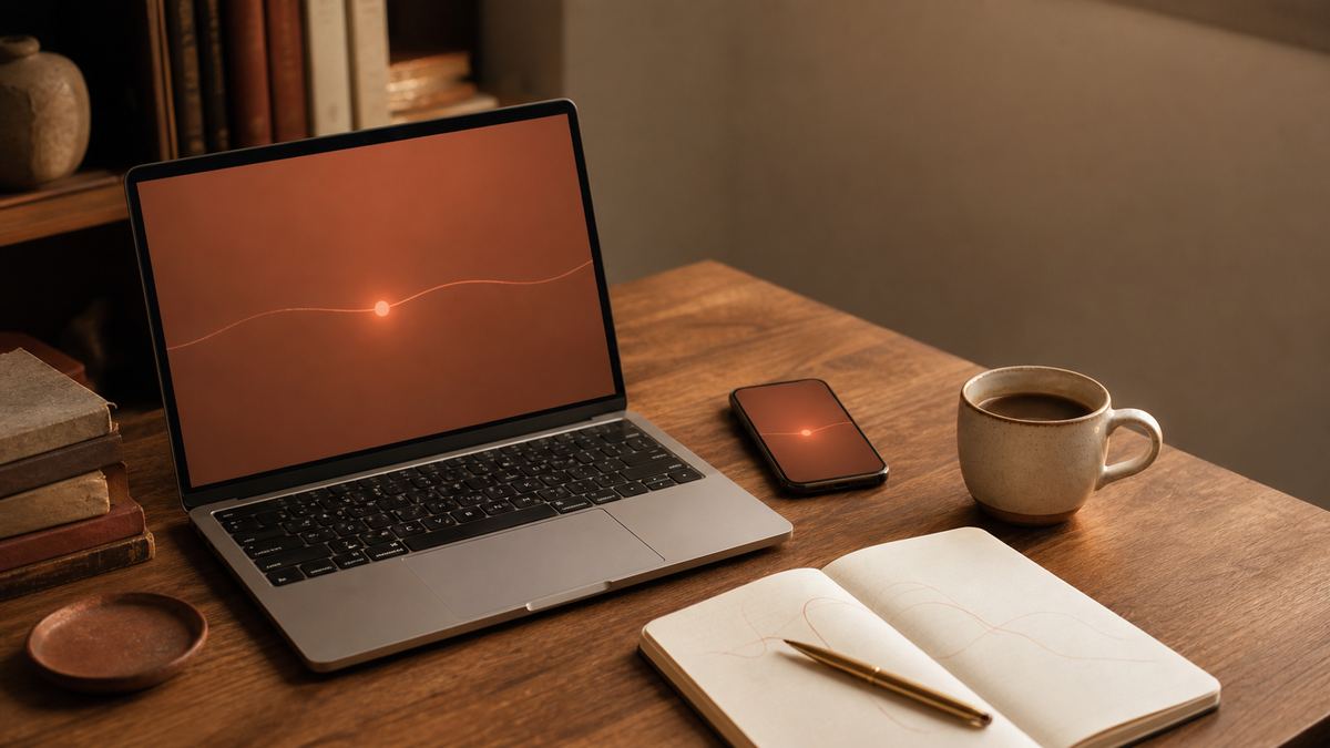 A library study desk from above: a phone and an open laptop side by side, both glowing softly with warm ember light, next to an open notebook, a pen, and a cup of coffee.