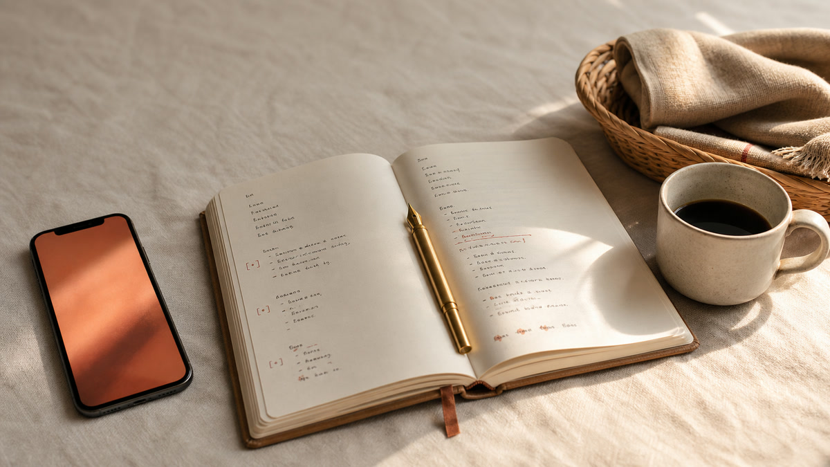 Editorial still-life of a phone resting on warm cream linen with a soft terracotta glow rising from the screen, beside an open Obsidian-style markdown notebook with handwritten frontmatter and wikilinks in the margin, a brass pen, a ceramic mug, and a small woven basket — the bridge between voice capture and a markdown vault you control