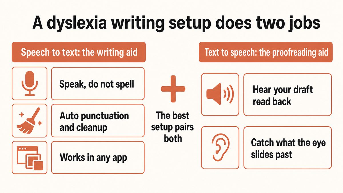 Diagram of what to look for in dictation for dyslexia: speech-to-text as a writing aid (speak, do not spell; auto punctuation; works in any app) paired with text-to-speech to proofread by ear.