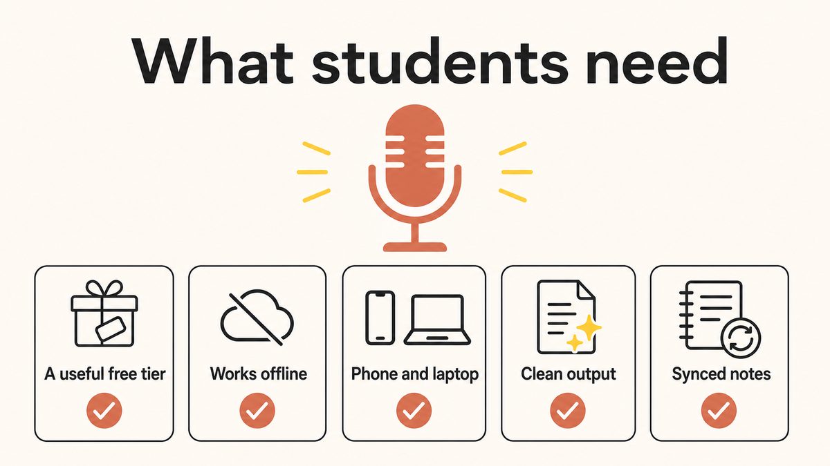 Diagram of what students need from dictation software: a useful free tier, works offline, phone and laptop, clean output, and synced notes.