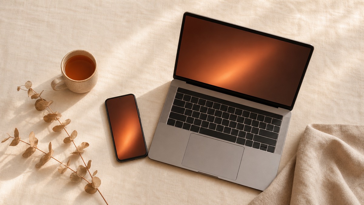 An Android phone and an open laptop side by side on a cream linen surface, each glowing with a faint ember-terracotta light, a ceramic mug and a sprig of dried eucalyptus between them, suggesting one private voice layer that follows you from phone to computer.