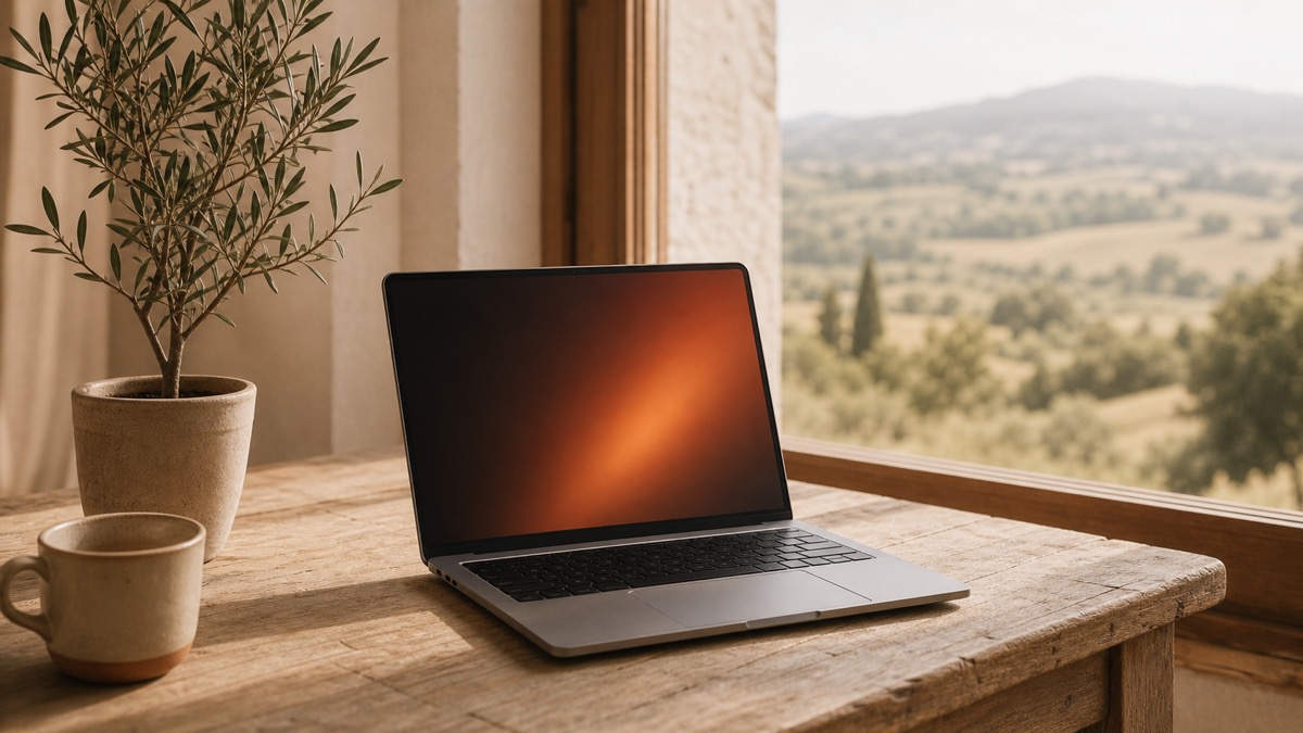 An open laptop on a wooden table beside a sunny window looking onto open countryside, no router or cables in sight, a ceramic cup and a small potted plant nearby, evoking AI that keeps working far from any wifi.