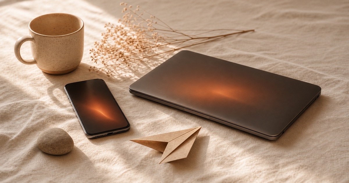 An Android phone and a closed laptop resting on cream linen in warm morning light, both with a faint ember-terracotta glow on screen, beside a ceramic mug and dried grasses, with a small folded paper aeroplane in the foreground suggesting AI that keeps working off the grid.