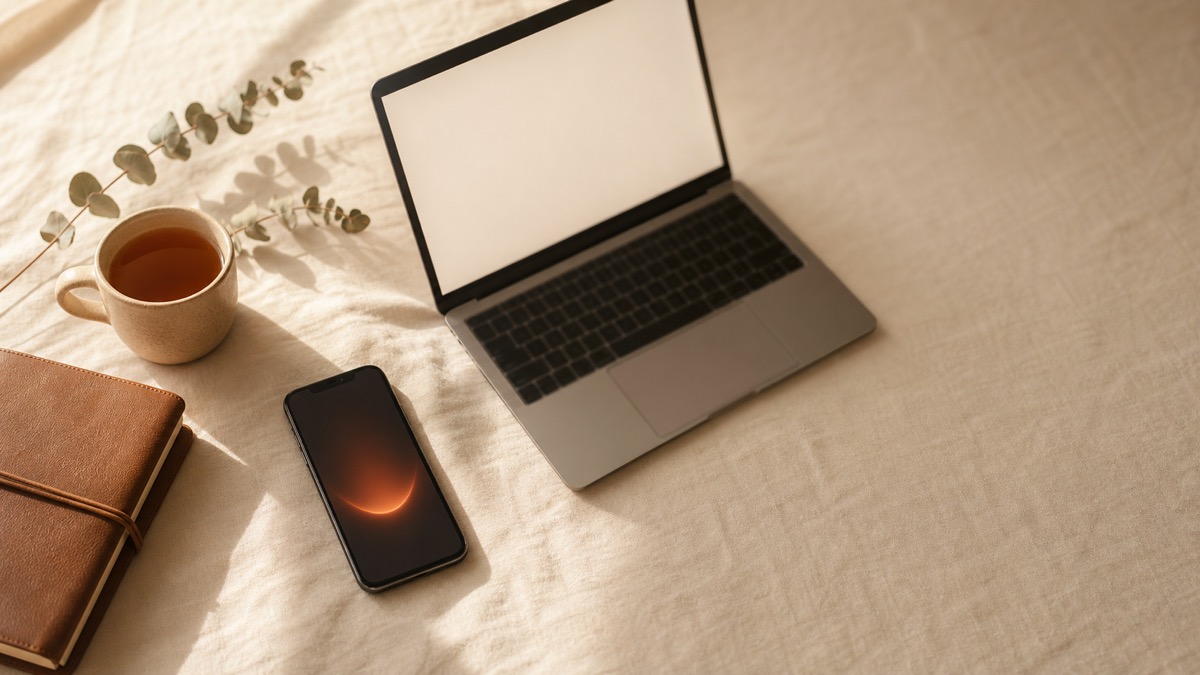 Editorial still-life from above on warm cream linen: a smartphone with a soft terracotta glow rising from its screen sits beside an open laptop showing a calm text document, a ceramic mug, a leather notebook, and a sprig of dried eucalyptus, suggesting voice typing that moves between phone and desktop while staying private