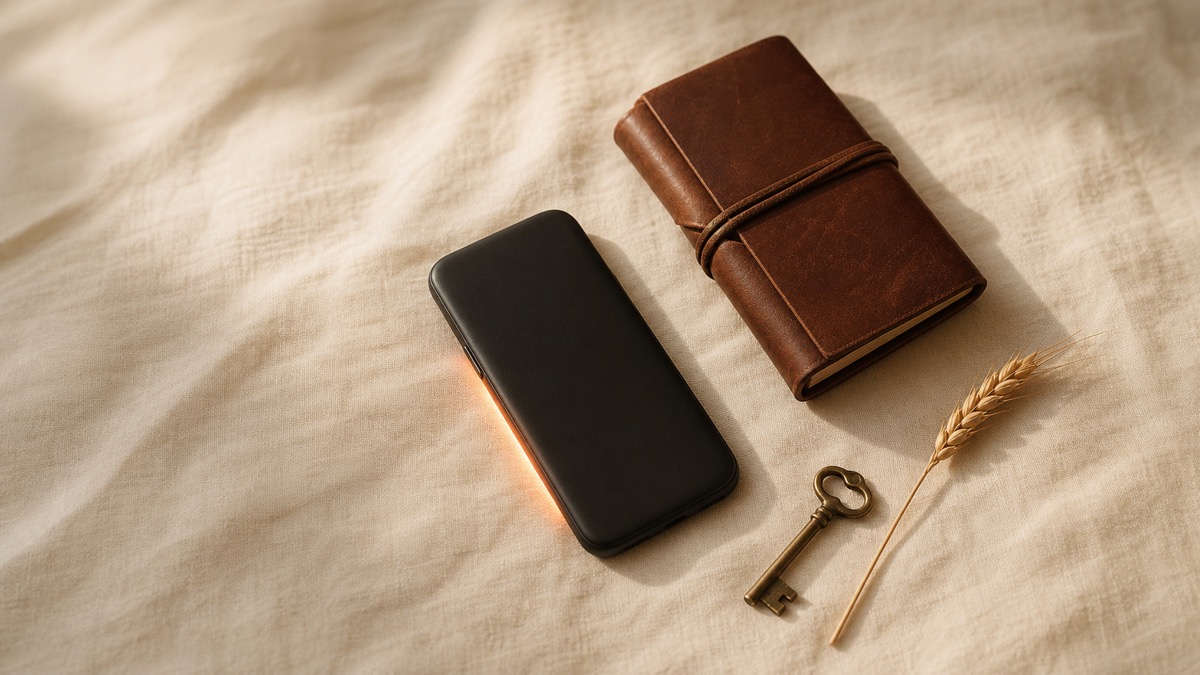 Editorial still-life from above on cream linen in soft morning light: a smartphone resting face-down with a warm terracotta glow escaping along its edge, beside a closed leather journal, a small brass key, and a sprig of dried wheat, evoking spoken words kept private and held on your own device