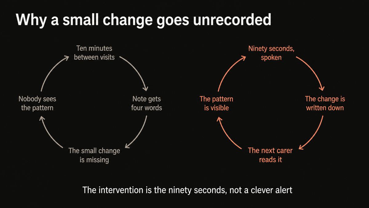 A diagram of the four things a care visit note should cover: what you did, what changed since last time, anything that concerned you, and what the next person needs to know