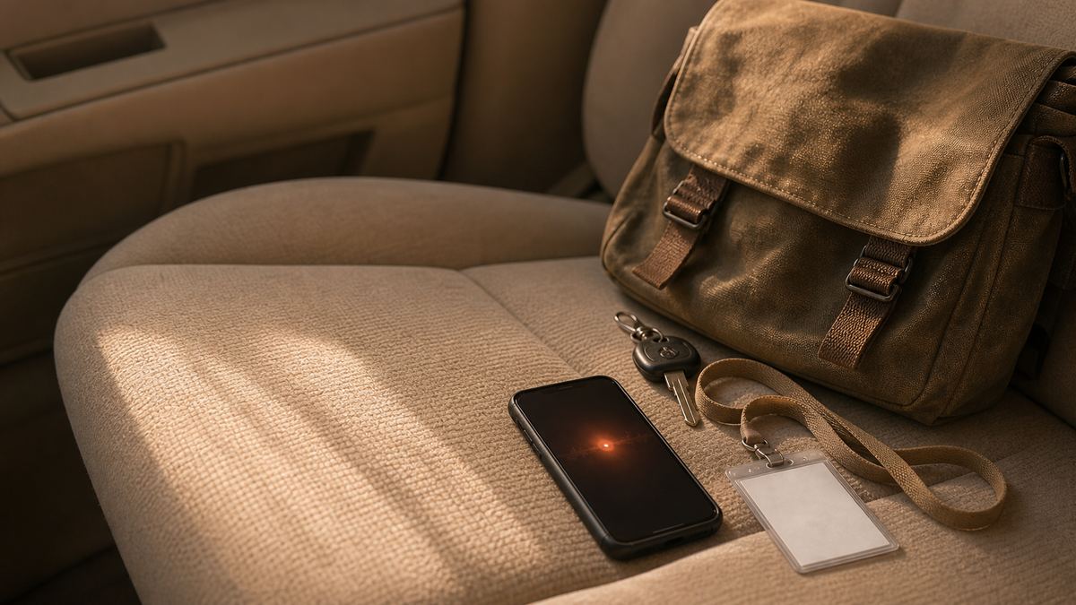 A warm cream and terracotta still life on a car passenger seat: a phone lying face up with a soft ember glow on its screen, a worn canvas satchel, a set of keys, and a lanyard, suggesting a visit note spoken aloud before the drive to the next appointment.