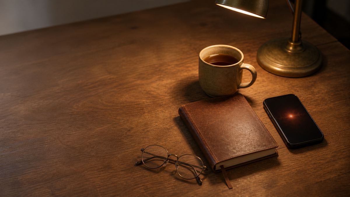 A warm cream and terracotta still life on a wooden desk: a phone lying face up with a soft ember glow on its screen, a well-worn leather notebook, a pair of reading glasses and a cooling mug of tea beside an old brass lamp, suggesting a note spoken quietly after a visit.