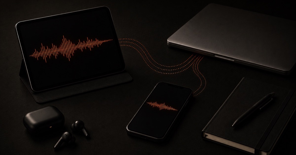 Six device silhouettes drawn in a single ember line on near-black, connected by one continuous thread