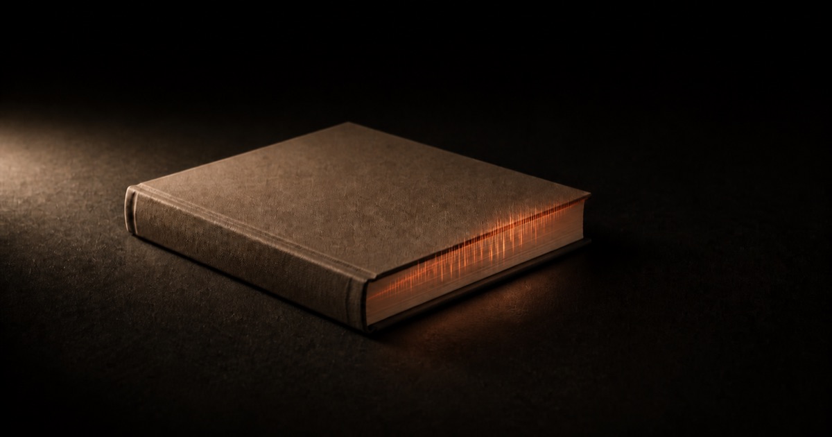 A plain closed hardback on a dark surface with an ember waveform glowing upward from its page edges