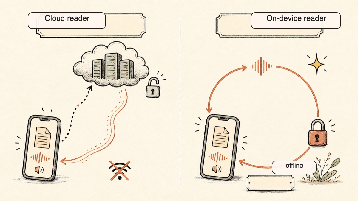Hand-drawn diagram comparing ElevenReader's cloud read-aloud path, where the page leaves the device and audio is locked in the app, against Yaps's on-device path where the spoken words loop back and stay private and offline.