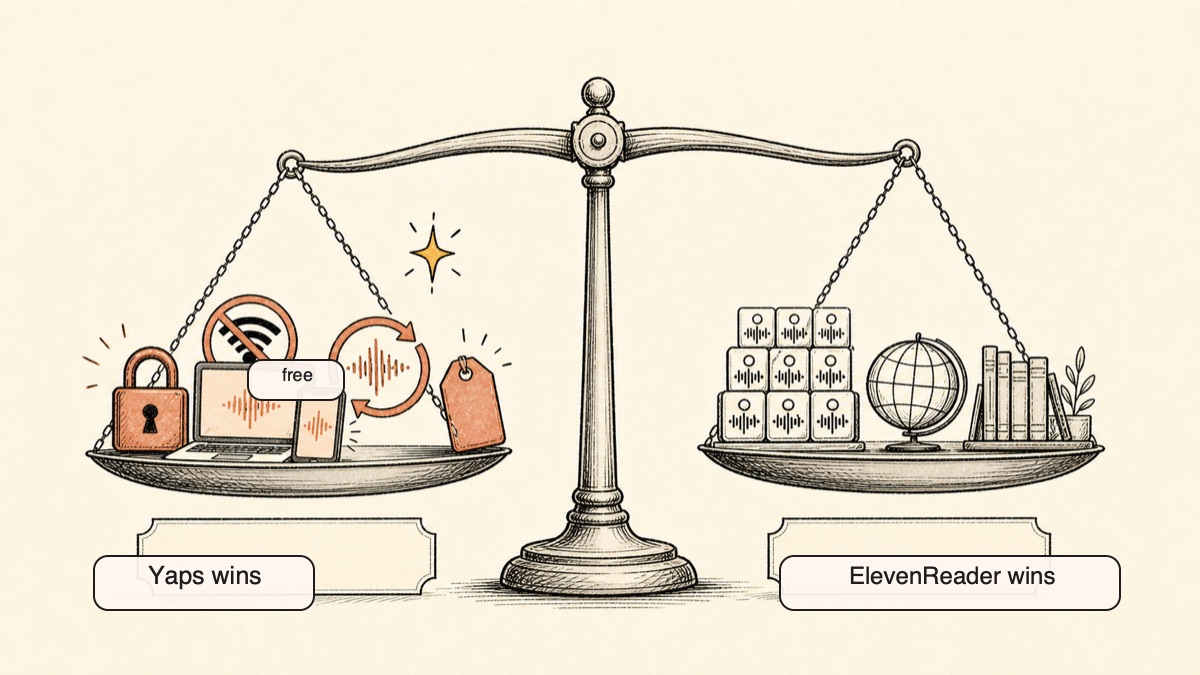 Hand-drawn balance scales weighing where Yaps wins (private, offline, a real desktop app on three platforms, free read-aloud) against where ElevenReader genuinely wins (the most realistic voices, multilingual listening, a large audiobook library), an honest ElevenReader alternative comparison.