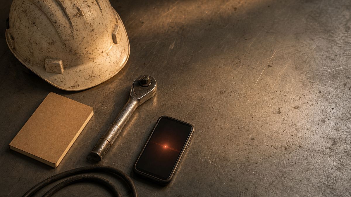 A steel workbench in warm afternoon light with a scuffed hard hat, a weathered site notebook, a torque wrench, a coil of cable, and a phone resting face up with a soft ember glow on its screen.