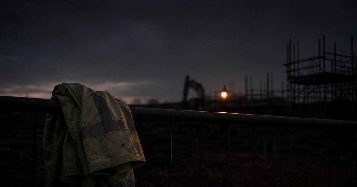 A hard hat and phone resting on a steel beam at a construction site, with a soft voice waveform glowing on the phone screen