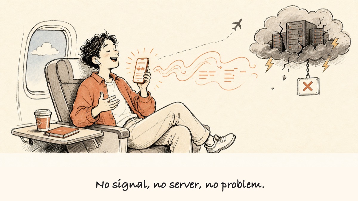 A hand-drawn cartoon of a calm person on a plane dictating into a glowing phone as clean text flows out, while in the distance a cracked data-centre cloud hangs an out-of-order sign. The caption reads, no signal, no server, no problem.