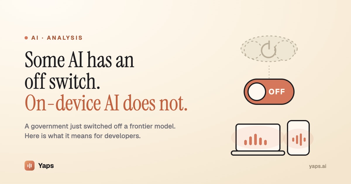Editorial illustration on a cream background reading Some AI has an off switch, on-device AI does not, beside a dark dashed cloud above an OFF toggle switch, while a laptop and phone below keep glowing with terracotta voice waveforms.